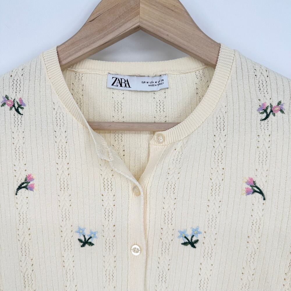 ZARA Embroidered Floral Cropped Cardigan Cottagecore Vintage Inspired Sweater - Picture 8 of 13